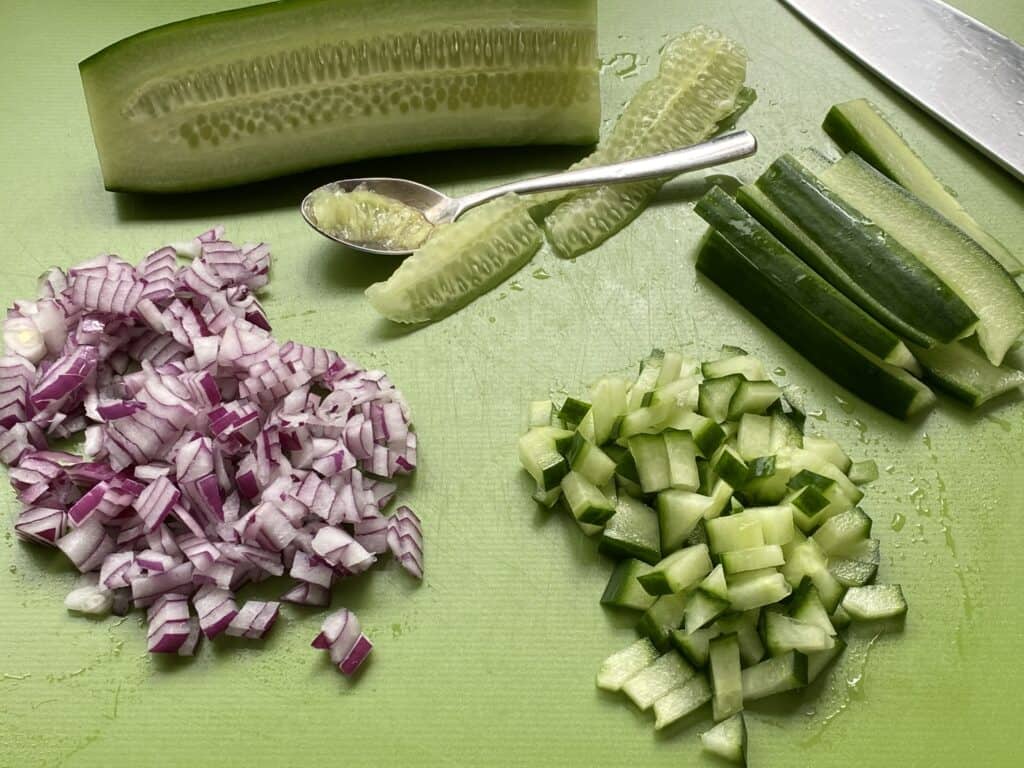 Chopped Vegetables on a chopping board.