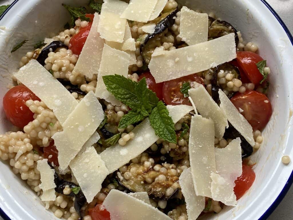 Overhead shot of Aubergine, Tomato and Couscous Salad